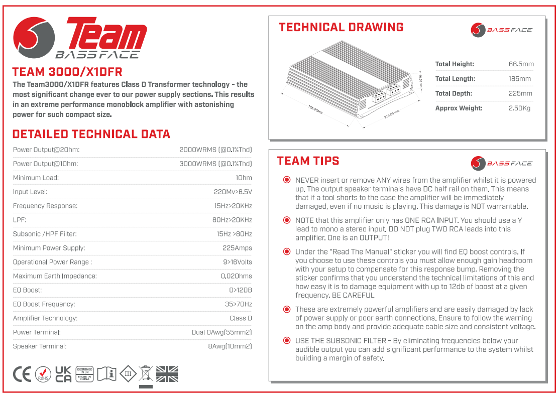 Team 3000/X1DFR Class D Monoblock Full Range Amplifier 3000w RMS (KAMPANJA HINTA 239€ päivittyy automaattisesti kassalla)