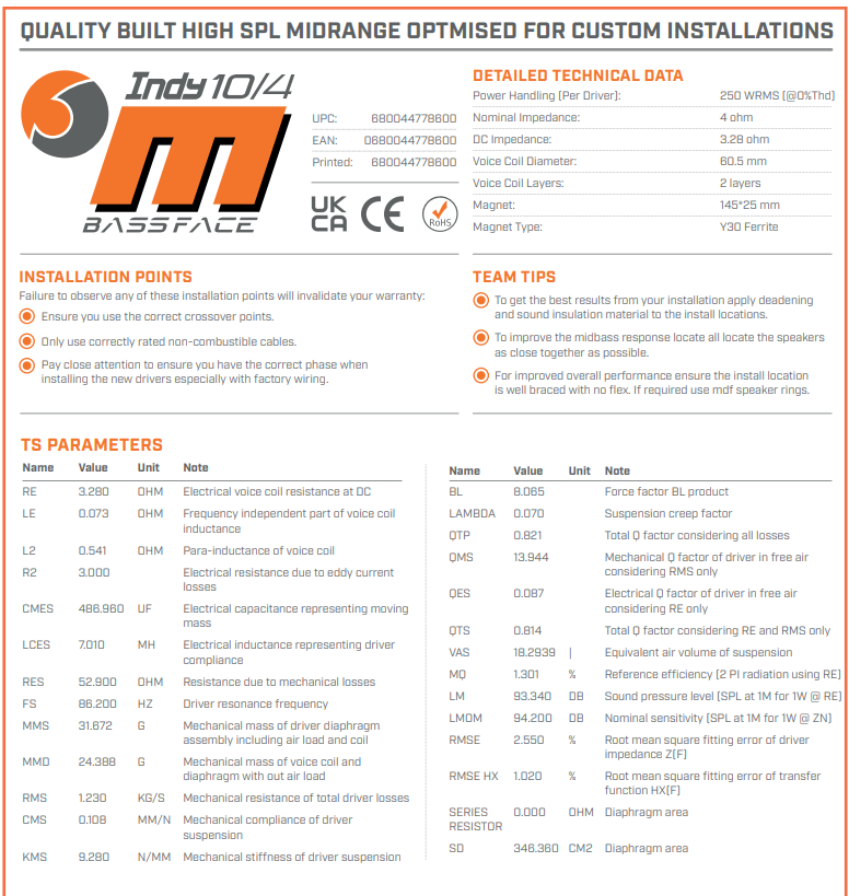 Indy M10/4 10" 25cm 4Ohm 250w RMS Pari