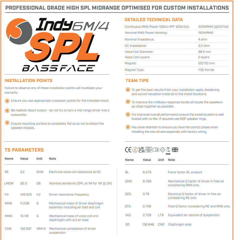 Indy SPL6M/4 6.5" 16.5cm 4Ohm 150w RMS Pari