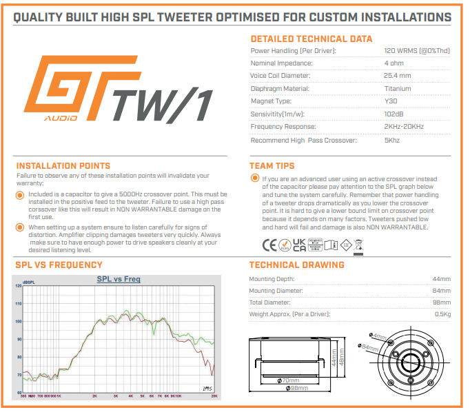 GT Audio GT-TW/1 4Ohm 120w RMS diskantti pari