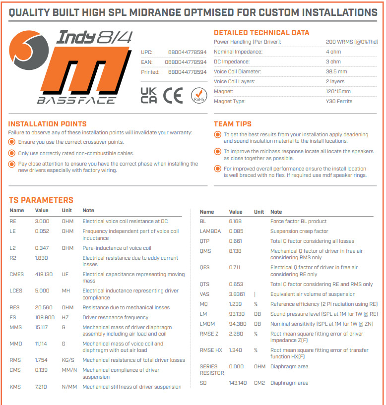 Indy M8/4 8" 20cm 4Ohm 200w RMS Pari